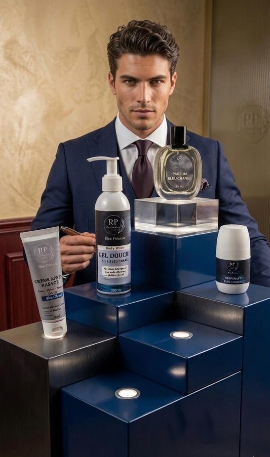 Pack bleu precieux:  Parfum 50ml, crème après rasage spf 30, gel douche 200ml, stick deodorant sans alimunim
